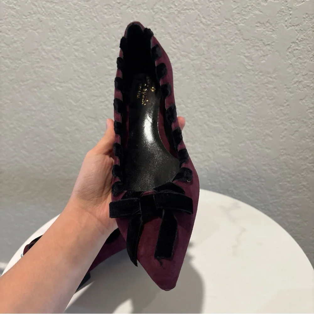 kate spade Burgundy Suede Pointed-Toe Flats with Black Ribbon Trim